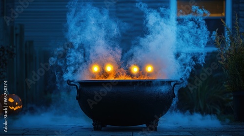 An outdoor Halloween setup with a large, black cauldron over a fake fire pit, with fog and glowing eyes peering from inside.