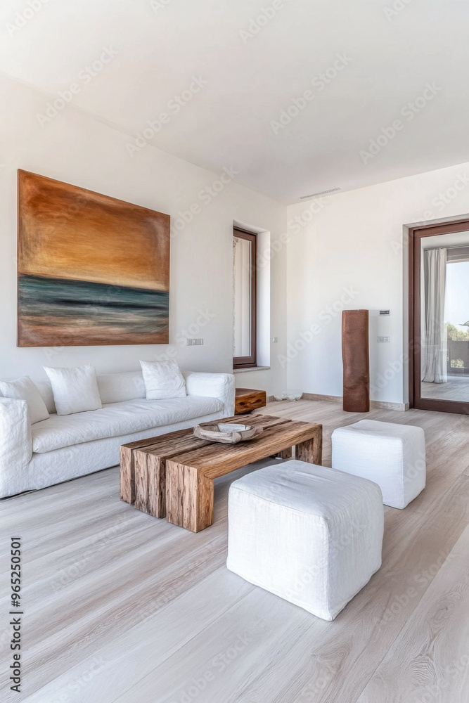 Fototapeta premium Luxurious Mediterranean living room interiors with chic decor and natural lighting. Premium Real Estate interior design.