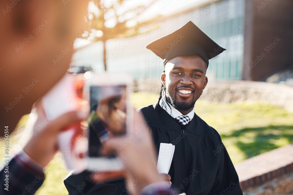 Fototapeta premium Hands, phone screen and photo for graduation, students or excited for success with certificate at college. Men, friends and celebration for achievement, memory or goals with diploma on social network