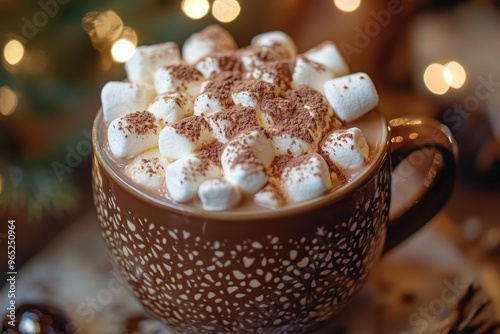 A cozy mug of hot chocolate topped with marshmallows and a dusting of cocoa powder