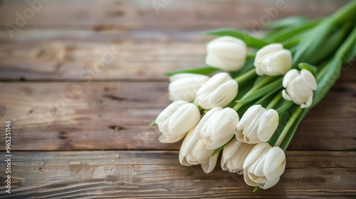 Elegant White Tulips Bouquet on Rustic Wooden Tabletop, Perfect for Spring Decor and Floral Arrangements