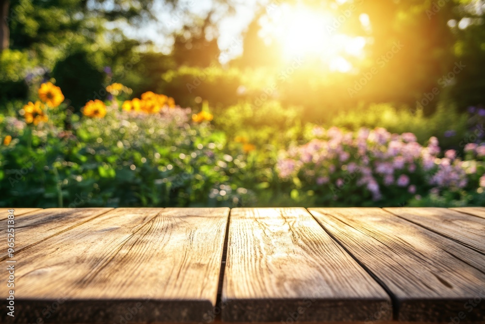 Serene garden sunrise wooden deck with blooming flowers Serene garden sunrise wooden deck with blooming flowers