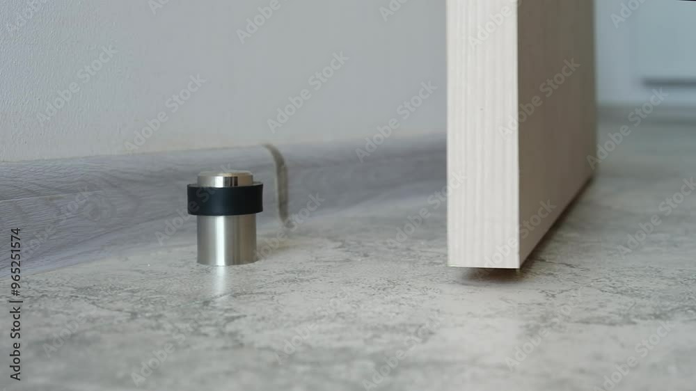 Close-up a stainless steel door stopper in a house or office.