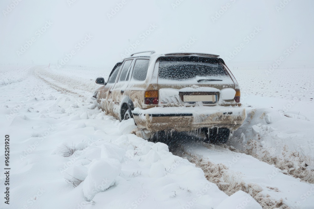 Side view Car stuck in snow on the road Side view Car stuck in snow on the road