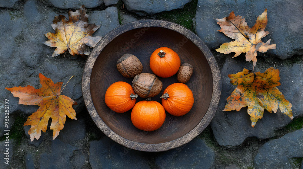 Autumn Harvest Pumpkins Walnuts and Maple Leaves in a Wooden Bowl Autumn Harvest Pumpkins Walnuts and Maple Leaves in a Wooden Bowl