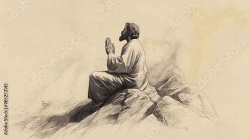 Exodus:The New Stone Tablets, Moses Kneeling in Prayer on Mount Sinai, Awaiting God's Instructions - Biblical Art on Beige Background