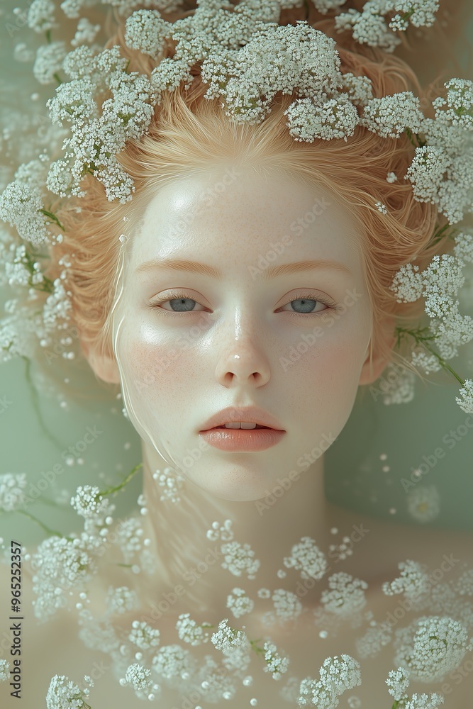 Elegant portrait of a serene woman with flowers in her hair, immersed in water, evoking natural beauty and tranquility. Elegant portrait of a serene woman with flowers in her hair, immersed in water, evoking natural beauty and tranquility.