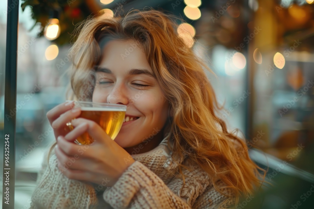 Young woman enjoying a cup of coffee at cafe. Smiling pretty girl drinking hot tea Young woman enjoying a cup of coffee at cafe. Smiling pretty girl drinking hot tea
