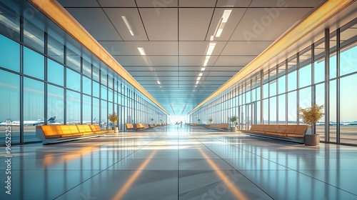 A 3D rendering of a modern airport terminal with sleek lines and abundant natural light  creating a welcoming and efficient travel experience.