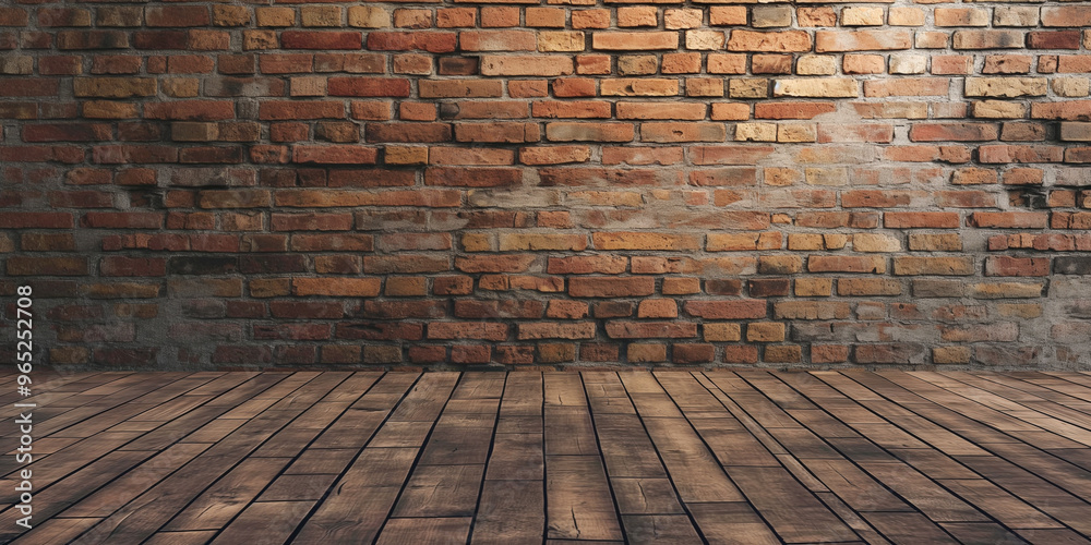 Rustic Brown Brick Wall Backdrop with Wooden Floor for Urban Street Style.	
