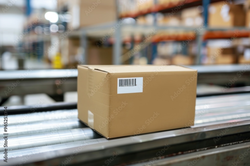 Single cardboard box with a shipping label and barcode, with a blurred background of a conveyor belt Single cardboard box with a shipping label and barcode, with a blurred background of a conveyor belt