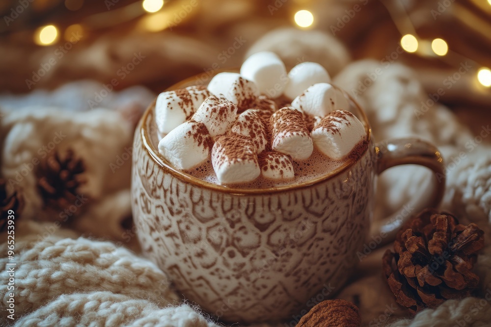 A cozy mug of hot chocolate topped with marshmallows and a dusting of cocoa powder A cozy mug of hot chocolate topped with marshmallows and a dusting of cocoa powder