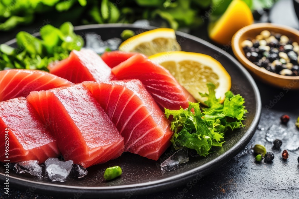 Fresh sashimi slices with lemon greens on dark background Fresh sashimi slices with lemon greens on dark background
