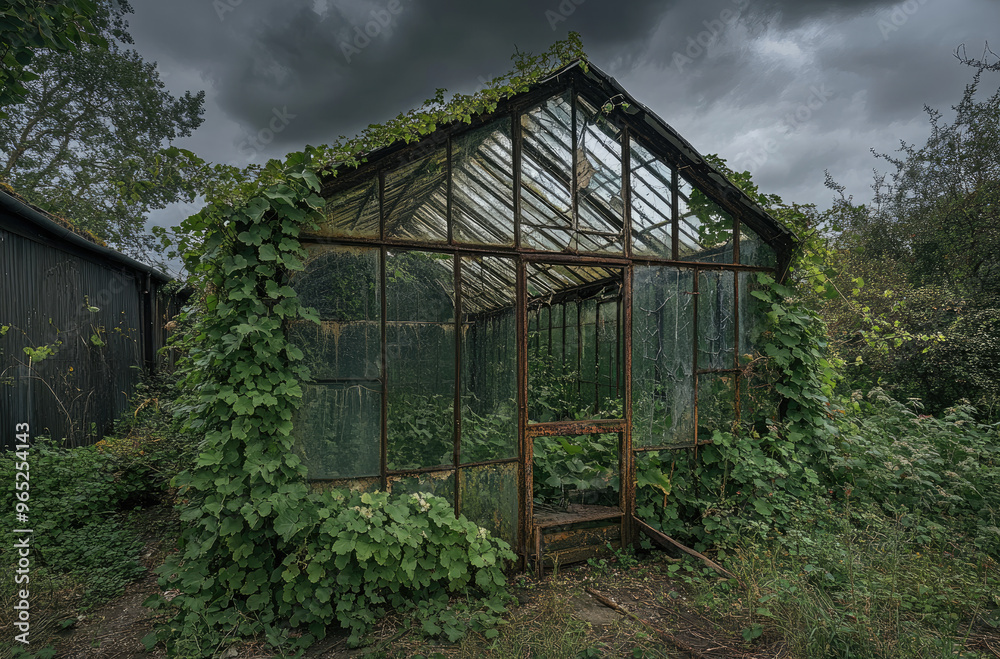 Deserted greenhouse covered in ivy with broken windows and overgrown plants Deserted greenhouse covered in ivy with broken windows and overgrown plants