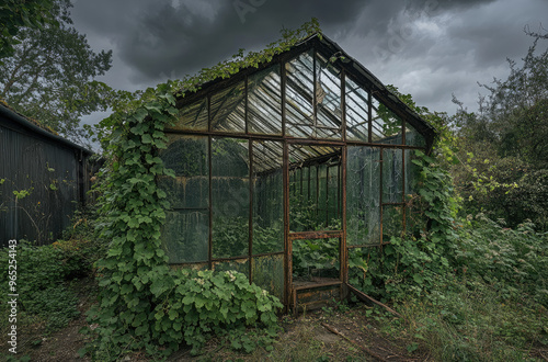 Deserted greenhouse covered in ivy with broken windows and overgrown plants