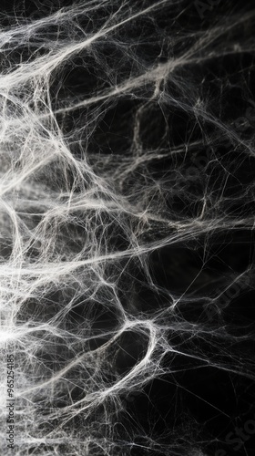 A detailed close-up of delicate and intricate spider webs against a dark background, showcasing their complexity and texture.