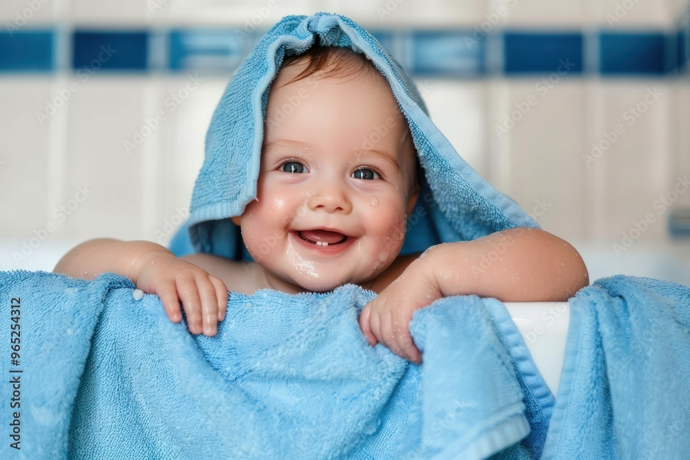 Smiling, cute baby wearing blue towel in the bath Smiling, cute baby wearing blue towel in the bath