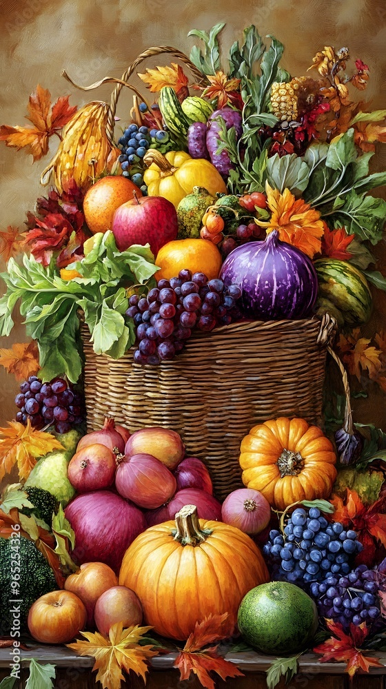 A Wicker Basket Overflowing with Autumn Fruits and Vegetables A Wicker Basket Overflowing with Autumn Fruits and Vegetables