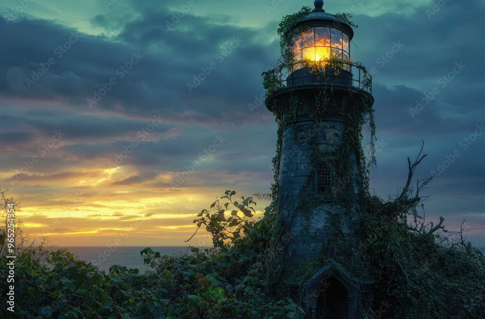 Deserted lighthouse covered in vines with shattered lantern room and eroded base Deserted lighthouse covered in vines with shattered lantern room and eroded base
