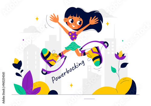 Vector Illustration of Powerbocking Sport featuring Athletes Wearing Jumping Stilts, Running, and Performing Various Acrobatic Stunts in a Background