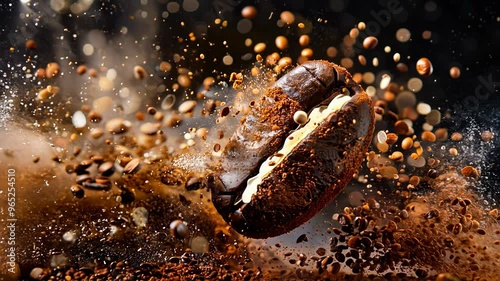 Slow Motion Macro Shot of Exploding Coffee Bean with Flying Particles