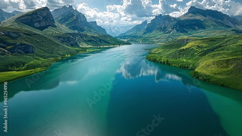 Stunning Aerial View of River Flowing Through Mountainous Landscape with Expansive Sky - High-Quality Drone Footage photo