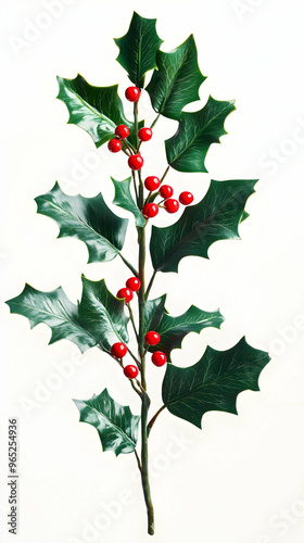 Festive Holly Sprig Photo - Red Berries and Glossy Green Leaves on White Background