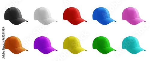 Collection of colorful caps in various vibrant shades, displayed on a white background, ideal for product design or branding mockups. Generative AI photo