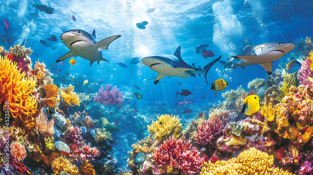 Reef Sharks Swimming Over Vibrant Coral Reef Reef Sharks Swimming Over Vibrant Coral Reef