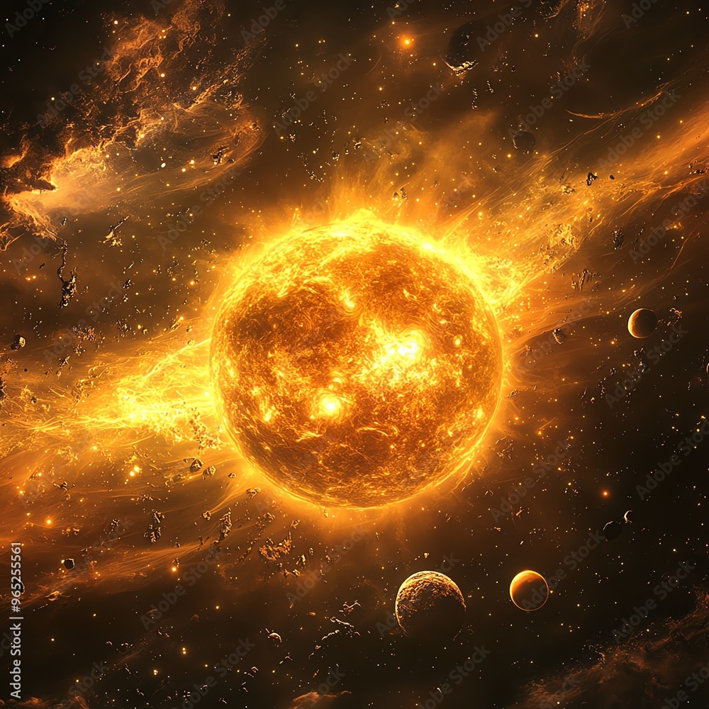 Obraz premium Yellow dwarf star resembling our sun, surrounded by planets, stars, solar analogues