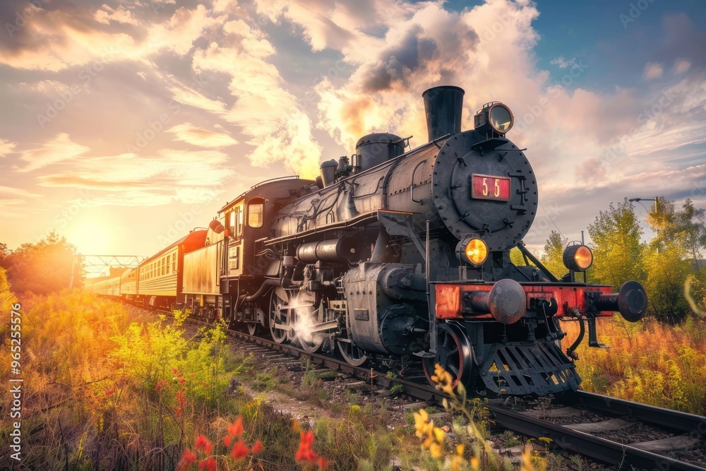 Naklejka premium steam locomotive train on nature sunny background