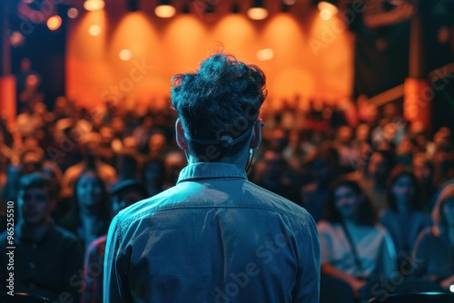 stage view from behind comedian facing crowd