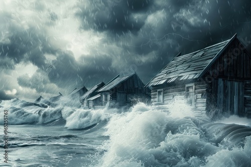 stormy sea with waves and wooden houses, tsunami concept