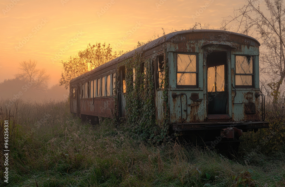 Forgotten train car covered in vines with broken glass and abandoned tracks Forgotten train car covered in vines with broken glass and abandoned tracks