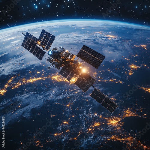 Artificial satellites in geostationary orbit over Earth, with a view of continents below, orbit, modern communication networks photo