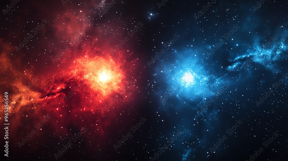 Binary star system with one red and one blue star, stars, contrast in cosmic scales Binary star system with one red and one blue star, stars, contrast in cosmic scales