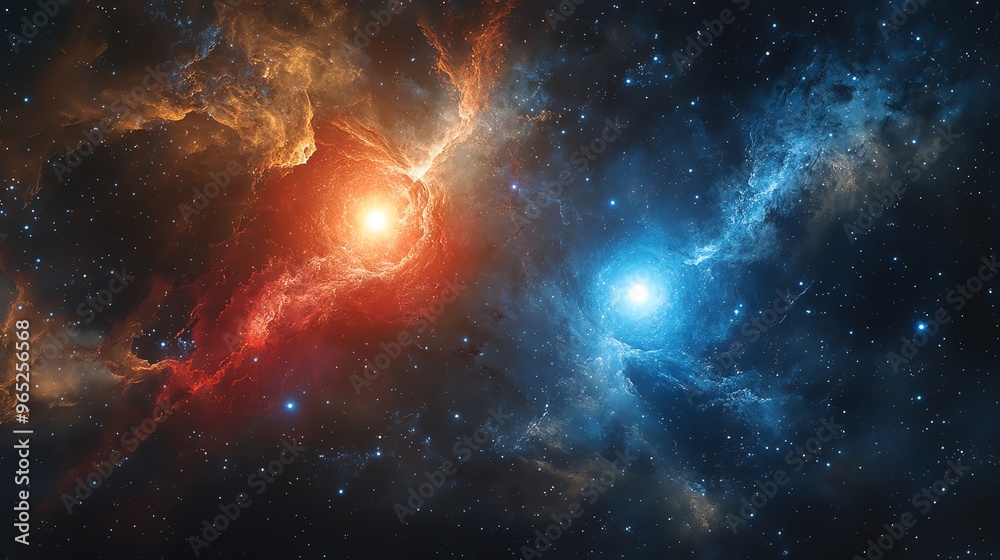 Binary star system with one red and one blue star, stars, contrast in cosmic scales Binary star system with one red and one blue star, stars, contrast in cosmic scales