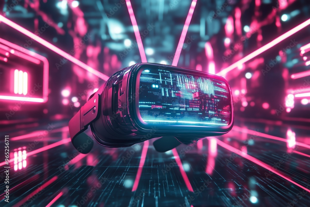 VR headset with neon lights and digital graphics, depicting a futuristic virtual reality environment. VR headset with neon lights and digital graphics, depicting a futuristic virtual reality environment.