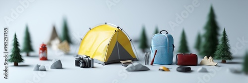 An array of camping equipment showcased alongside a yellow tent, trees, and various other camping necessities. photo