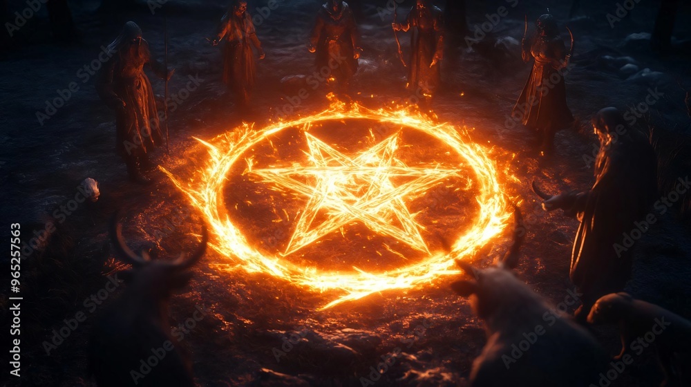 A mystical scene featuring a glowing pentagram surrounded by mysterious ...