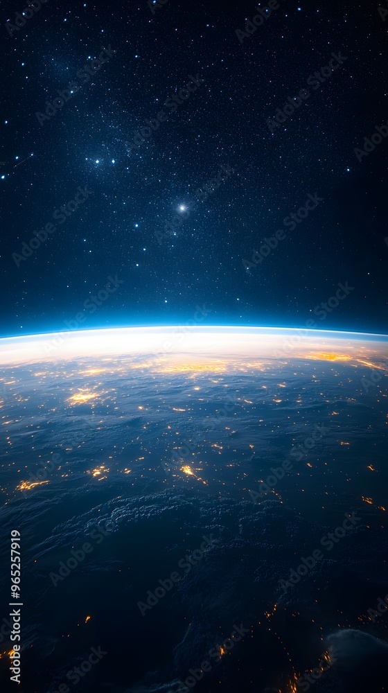 Earth's Nighttime Landscape with City Lights and Stars Earth's Nighttime Landscape with City Lights and Stars