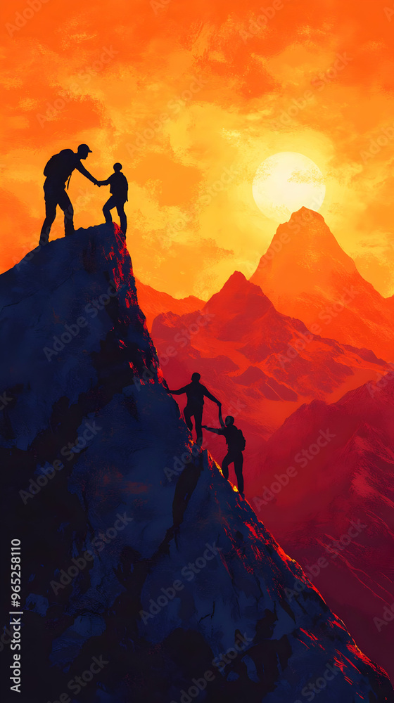 Teamwork Illustration of Climbers Reaching the Summit at Sunset Teamwork Illustration of Climbers Reaching the Summit at Sunset