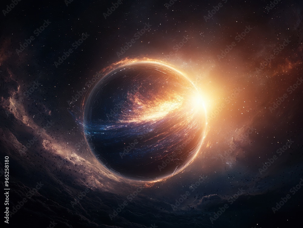 Obraz premium Futuristic Dyson sphere enveloping a star, stunning view of a planet emerging from swirling cosmic clouds, illuminated by a distant star, showcasing the beauty of the universe.