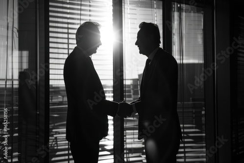 Two silhouette profile business men executive leaders shaking hands at office meeting, indoor contrasting daylight