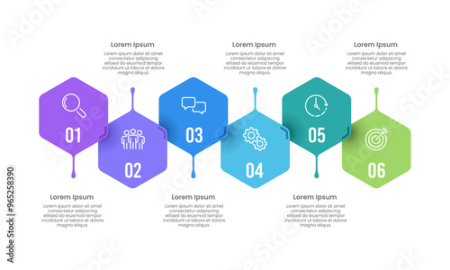 6 Keys to Business success. Hexagon Infographic Colorful Design Template. Business Presentation, Planning, Strategy, Organization and Milestones. Vector Illustration.