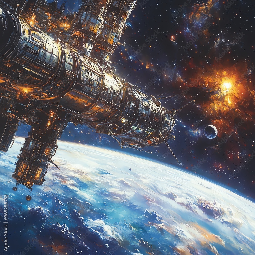 Space station orbiting a planet with a view of a galaxy in the background, space, human presence in the cosmos Space station orbiting a planet with a view of a galaxy in the background, space, human presence in the cosmos