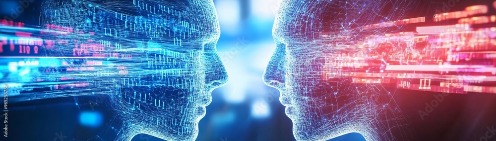 Futuristic digital concept of two human heads facing each other with glowing data streams representing communication and technology.