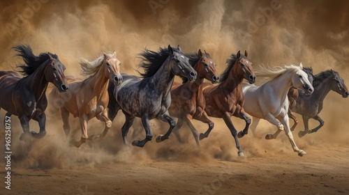 A group of wild horses galloping through dusty plains, showcasing their strength and freedom in a stunning natural scenery. photo