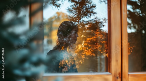 Fototapeta Naklejka Na Ścianę i Meble -  Reflection of a thoughtful woman through a window with autumn scenery, capturing a serene and contemplative moment.
