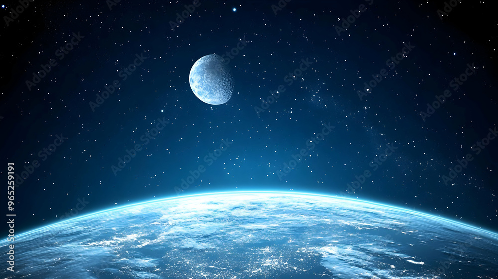 Fototapeta premium Earth From Space With Moon And Stars